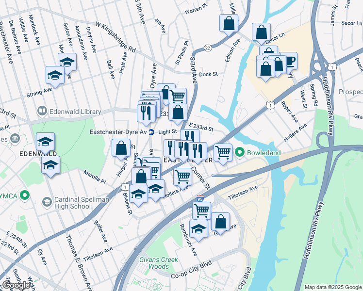 map of restaurants, bars, coffee shops, grocery stores, and more near 3625 Provost Avenue in Bronx