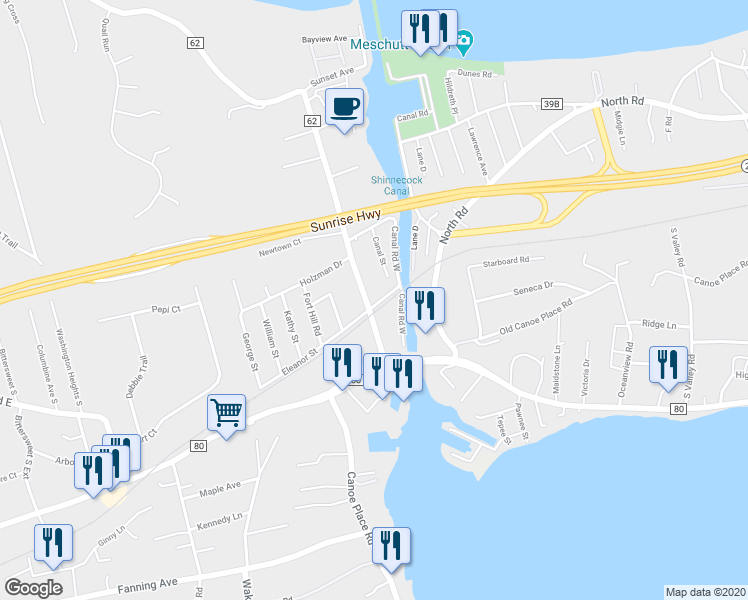 map of restaurants, bars, coffee shops, grocery stores, and more near 4 Newtown Road in Hampton Bays