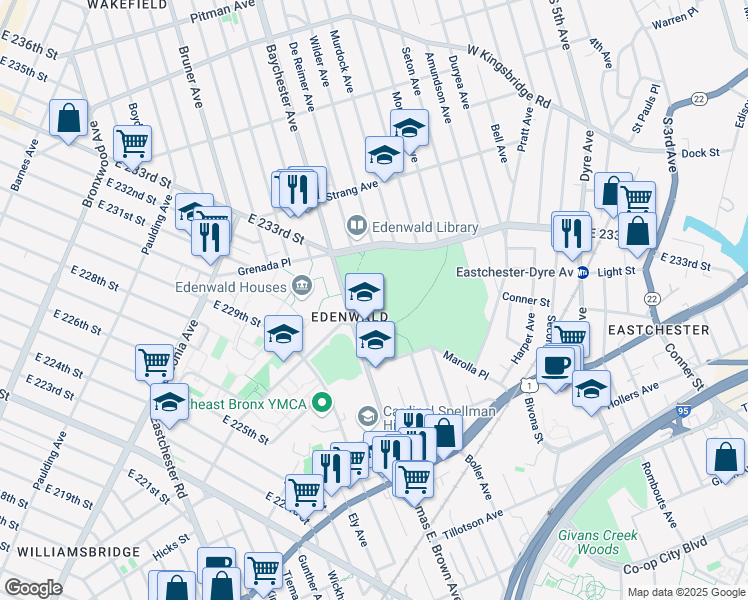map of restaurants, bars, coffee shops, grocery stores, and more near 3750 Baychester Avenue in Bronx