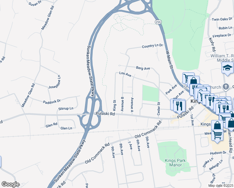 map of restaurants, bars, coffee shops, grocery stores, and more near 61 King Street in Kings Park