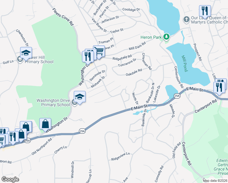 map of restaurants, bars, coffee shops, grocery stores, and more near 4 Mayflower Court in Centerport