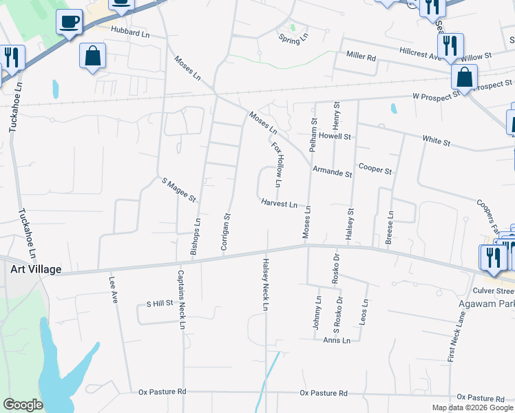 map of restaurants, bars, coffee shops, grocery stores, and more near 80 Harvest Lane in Southampton