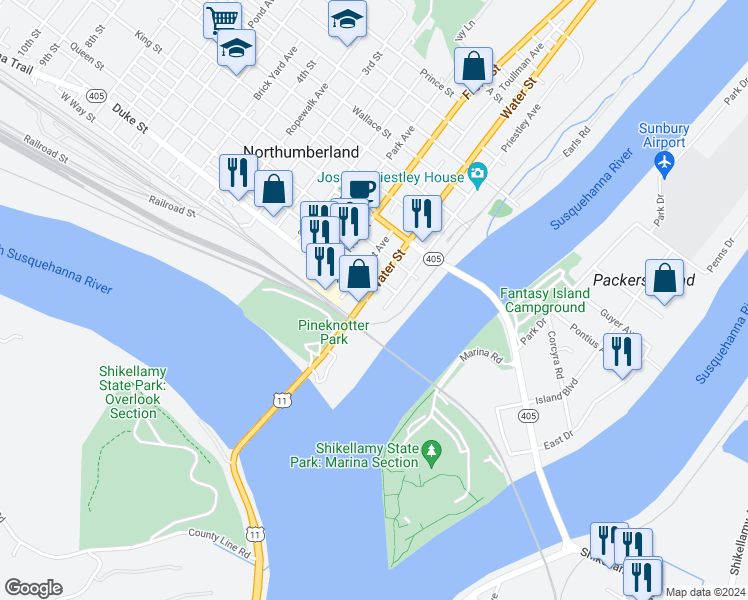 map of restaurants, bars, coffee shops, grocery stores, and more near 128 Water Street in Northumberland