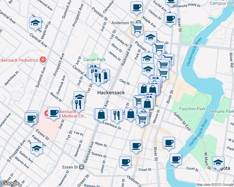 map of restaurants, bars, coffee shops, grocery stores, and more near in Hackensack