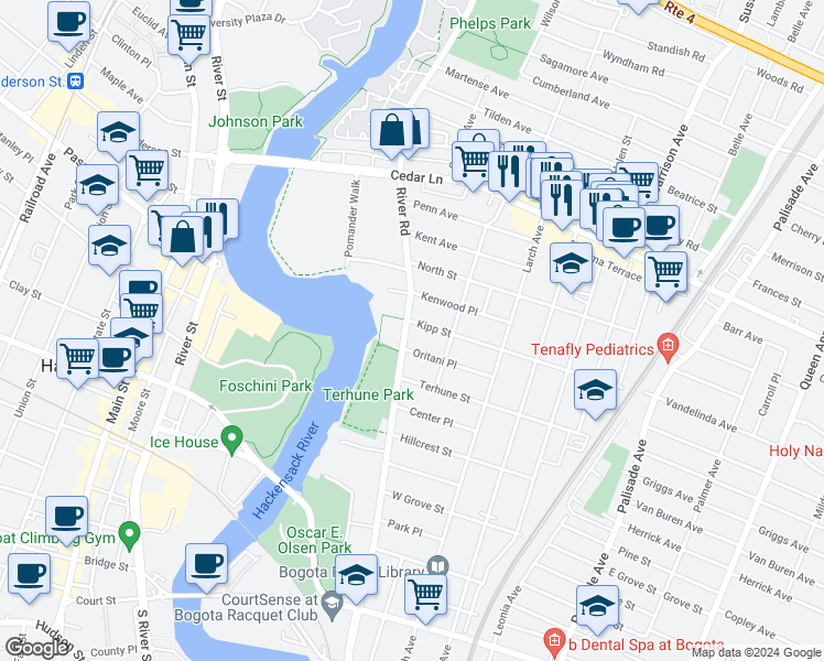 map of restaurants, bars, coffee shops, grocery stores, and more near 594 Kipp Street in Teaneck