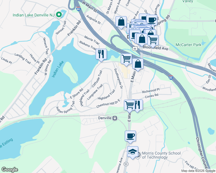map of restaurants, bars, coffee shops, grocery stores, and more near 10 Longview Trail East in Denville