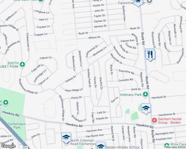 map of restaurants, bars, coffee shops, grocery stores, and more near 34 Fiesta Drive in Centereach