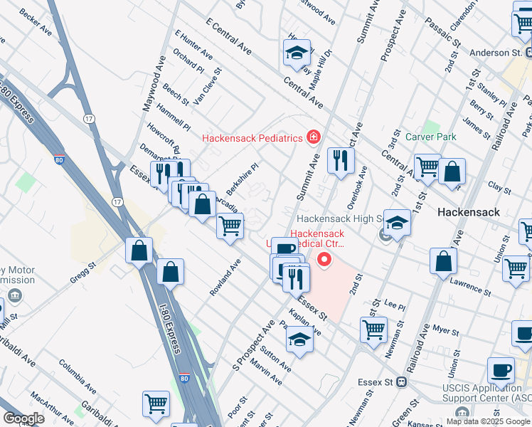map of restaurants, bars, coffee shops, grocery stores, and more near 29 Cambridge Terrace in Hackensack