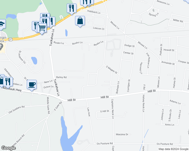 map of restaurants, bars, coffee shops, grocery stores, and more near 92 Pleasant Lane in Southampton