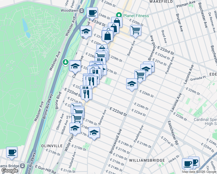 map of restaurants, bars, coffee shops, grocery stores, and more near 758 East 225th Street in The Bronx