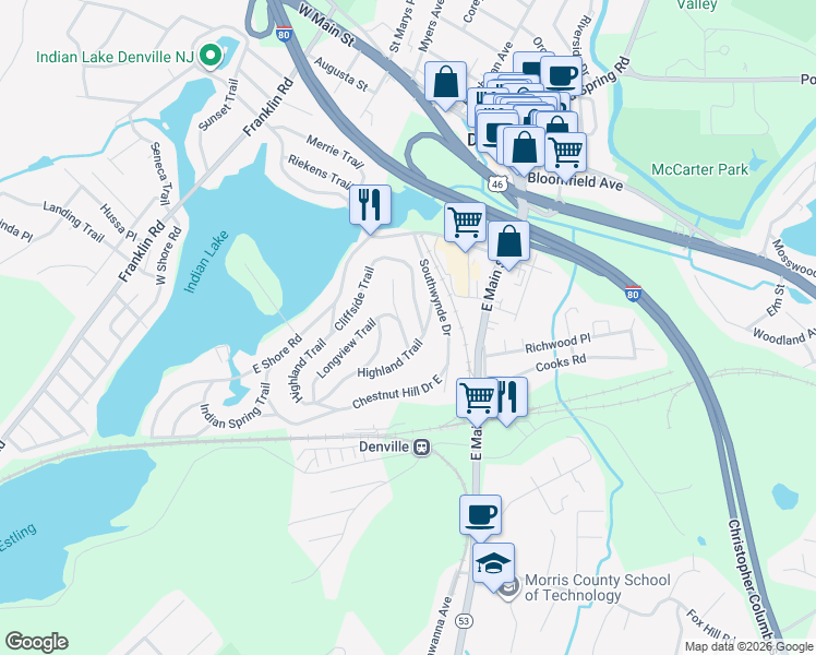map of restaurants, bars, coffee shops, grocery stores, and more near 10 Longview Trail East in Denville