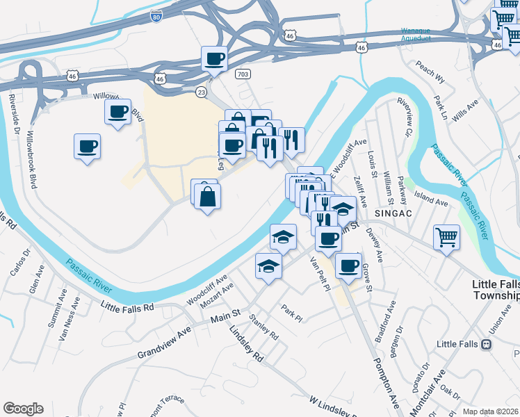map of restaurants, bars, coffee shops, grocery stores, and more near 47 Riverlawn Drive in Wayne
