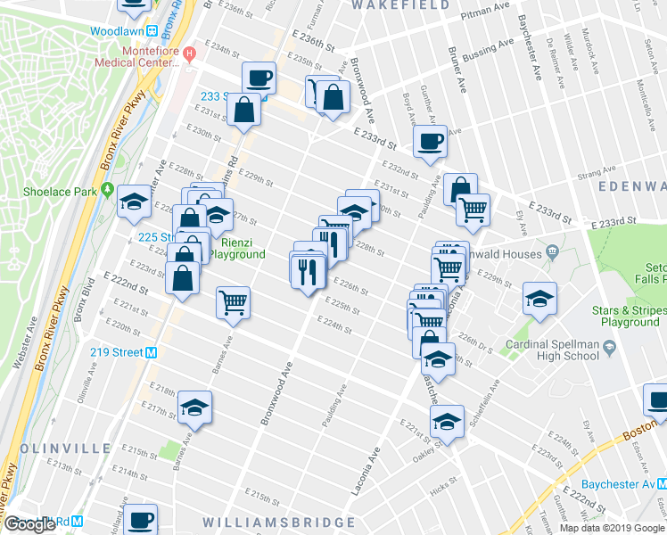 map of restaurants, bars, coffee shops, grocery stores, and more near 4008a Bronxwood Avenue in Bronx
