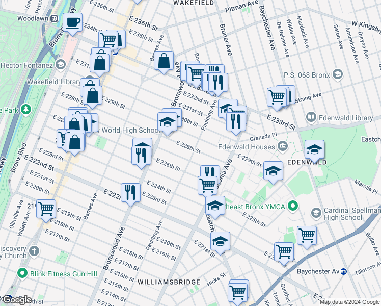 map of restaurants, bars, coffee shops, grocery stores, and more near 4041 Paulding Avenue in The Bronx
