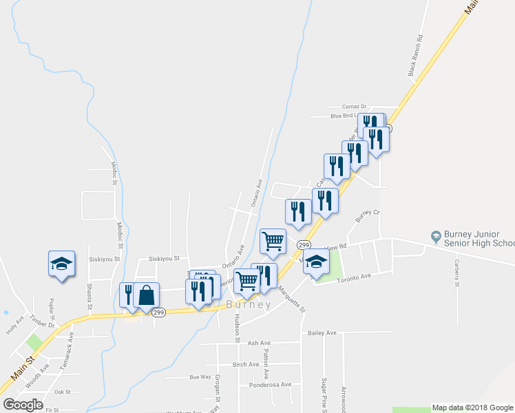 map of restaurants, bars, coffee shops, grocery stores, and more near 20575 Ontario Avenue in Burney