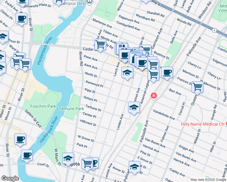 map of restaurants, bars, coffee shops, grocery stores, and more near 221 Larch Avenue in Teaneck