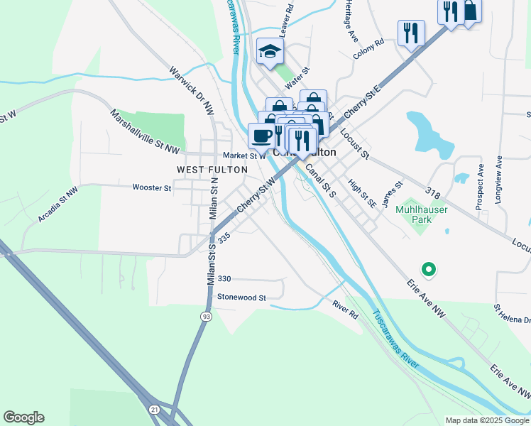 map of restaurants, bars, coffee shops, grocery stores, and more near 211 Ash Street in Canal Fulton