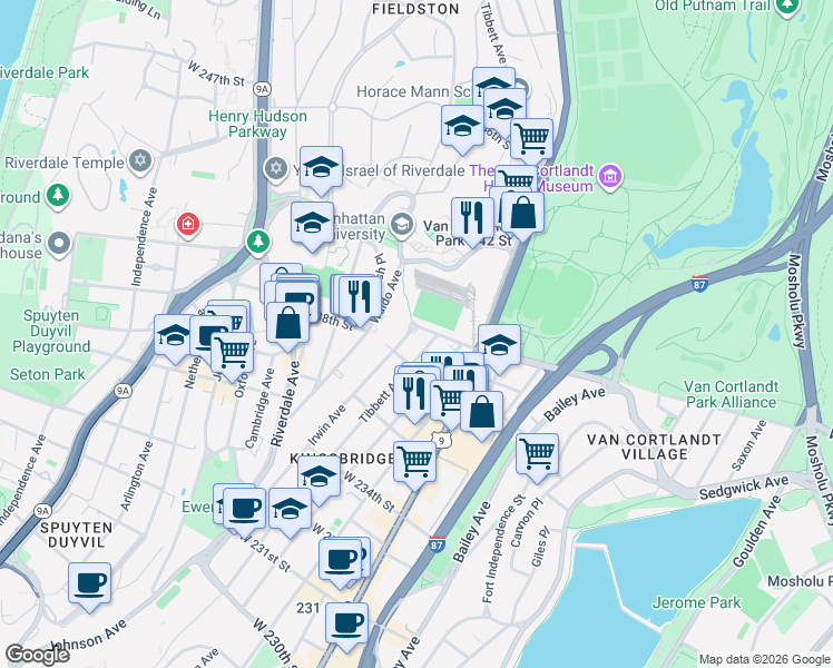 map of restaurants, bars, coffee shops, grocery stores, and more near 316 West 240th Street in The Bronx