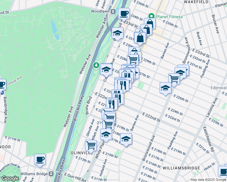 map of restaurants, bars, coffee shops, grocery stores, and more near 649 East 223rd Street in Bronx