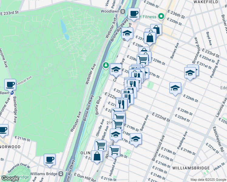 map of restaurants, bars, coffee shops, grocery stores, and more near 3905 Carpenter Avenue in Bronx