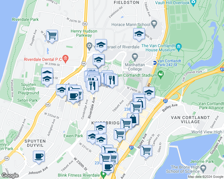 map of restaurants, bars, coffee shops, grocery stores, and more near 442 West 238th Street in Bronx