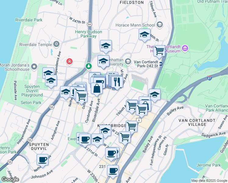 map of restaurants, bars, coffee shops, grocery stores, and more near 442 West 238th Street in Bronx