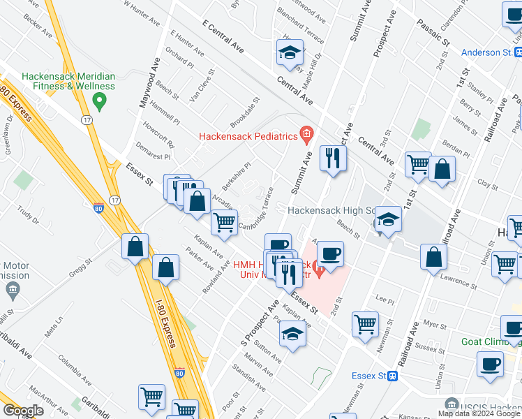 map of restaurants, bars, coffee shops, grocery stores, and more near 60 Cambridge Terrace in Hackensack