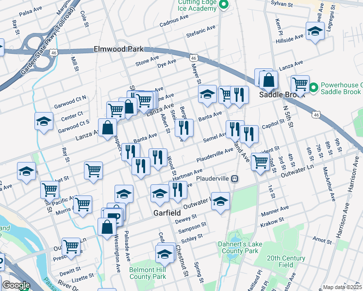 map of restaurants, bars, coffee shops, grocery stores, and more near 321 Semel Avenue in Garfield