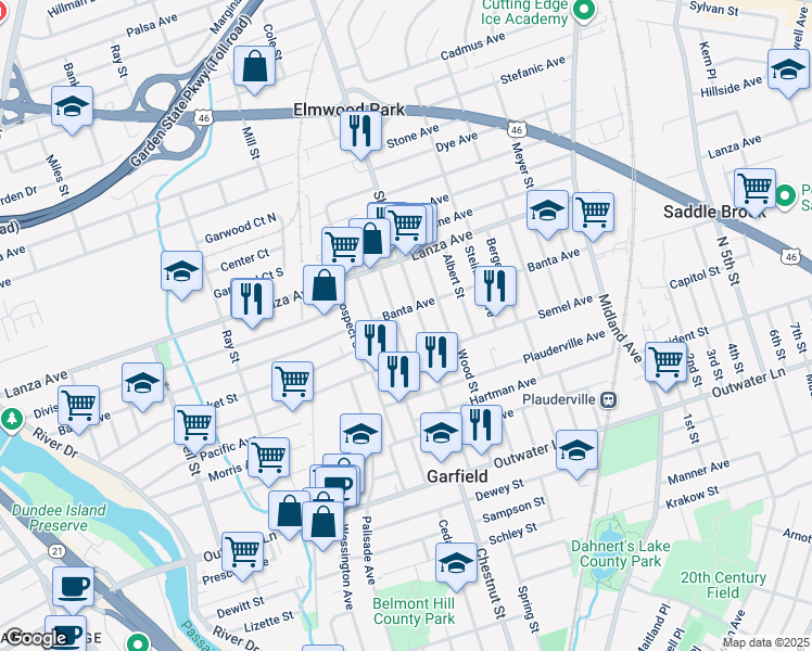 map of restaurants, bars, coffee shops, grocery stores, and more near 125 Shaw Street in Garfield