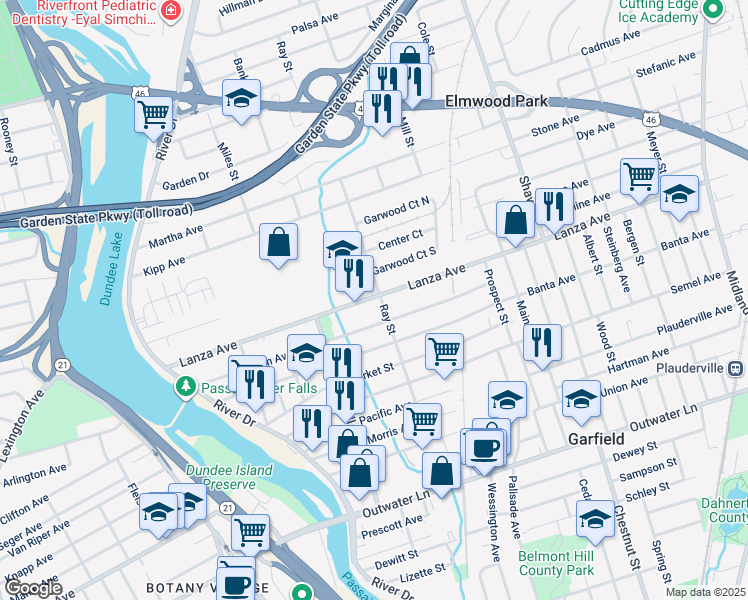 map of restaurants, bars, coffee shops, grocery stores, and more near 193 Ray Street in Garfield