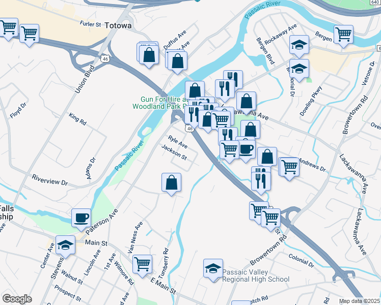 map of restaurants, bars, coffee shops, grocery stores, and more near 53 Harrison Street in Little Falls