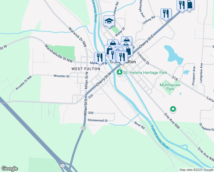 map of restaurants, bars, coffee shops, grocery stores, and more near 211 Ash Street in Canal Fulton