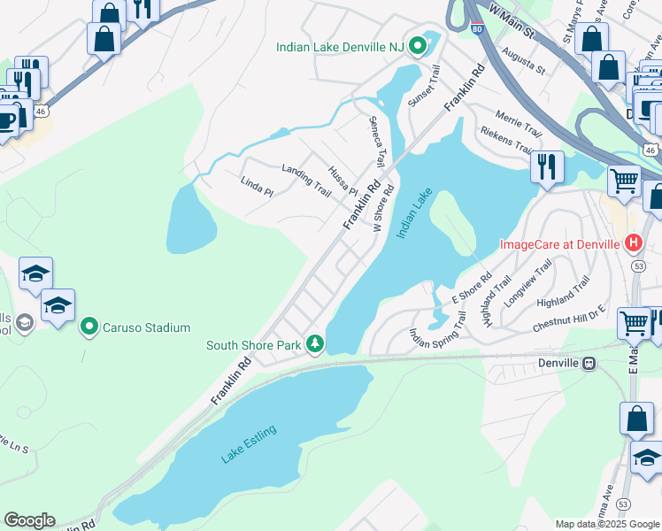 map of restaurants, bars, coffee shops, grocery stores, and more near 23 Huron Place in Denville