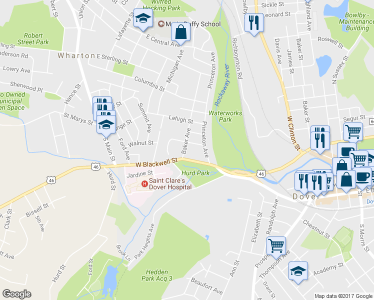 map of restaurants, bars, coffee shops, grocery stores, and more near 12 Baker Avenue in Dover
