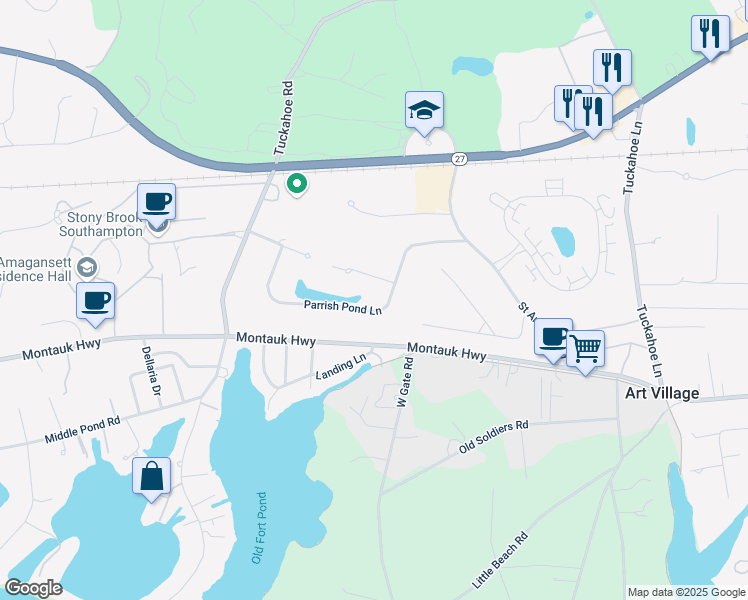 map of restaurants, bars, coffee shops, grocery stores, and more near 15 Parrish Pond Lane in Southampton