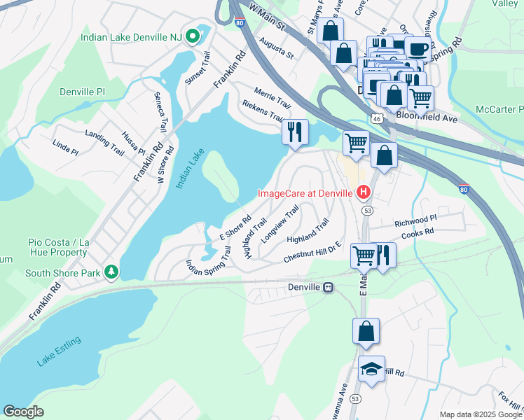 map of restaurants, bars, coffee shops, grocery stores, and more near 40 East Shore Road in Denville