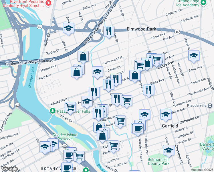 map of restaurants, bars, coffee shops, grocery stores, and more near 193 Ray Street in Garfield