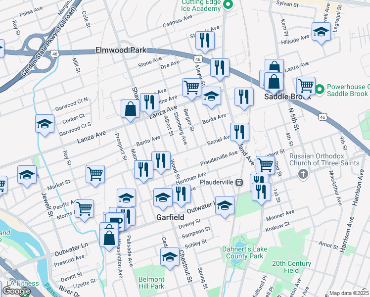 map of restaurants, bars, coffee shops, grocery stores, and more near 321 Semel Avenue in Garfield