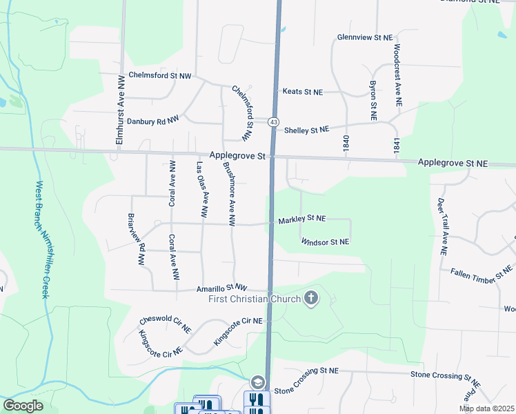 map of restaurants, bars, coffee shops, grocery stores, and more near 7225 Market Avenue North in Canton