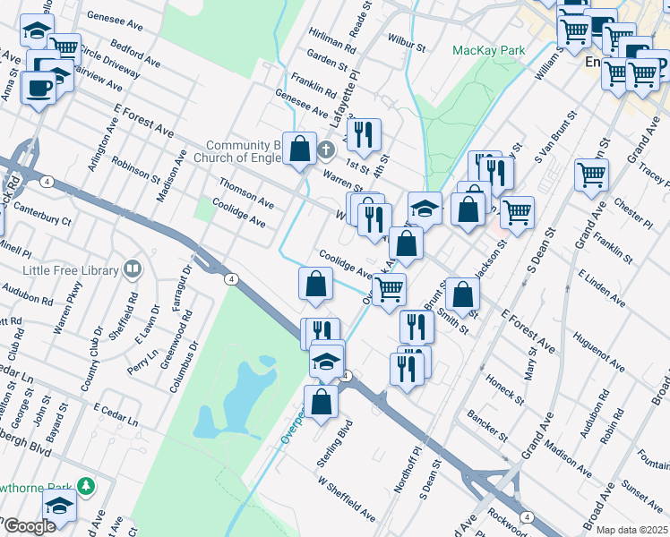 map of restaurants, bars, coffee shops, grocery stores, and more near 185 Tietjen Avenue in Englewood