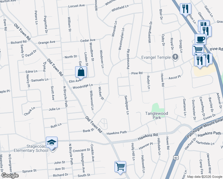 map of restaurants, bars, coffee shops, grocery stores, and more near 18 Sandpiper Lane in Coram