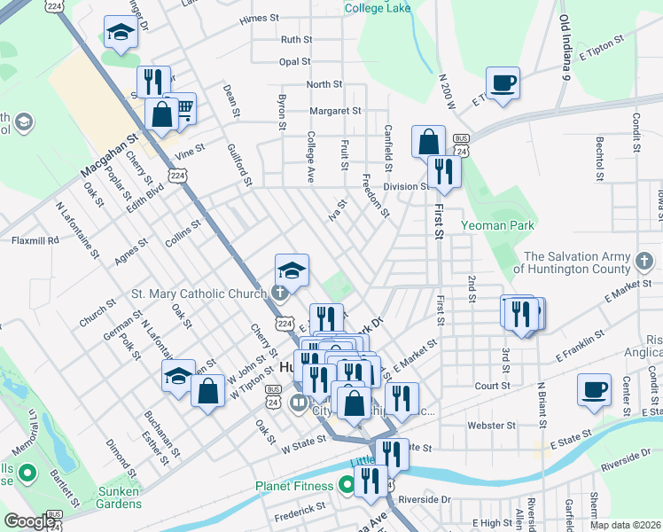 map of restaurants, bars, coffee shops, grocery stores, and more near 1116 Byron Street in Huntington