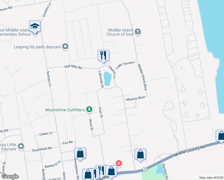 map of restaurants, bars, coffee shops, grocery stores, and more near 32 Lakeside Drive in Middle Island