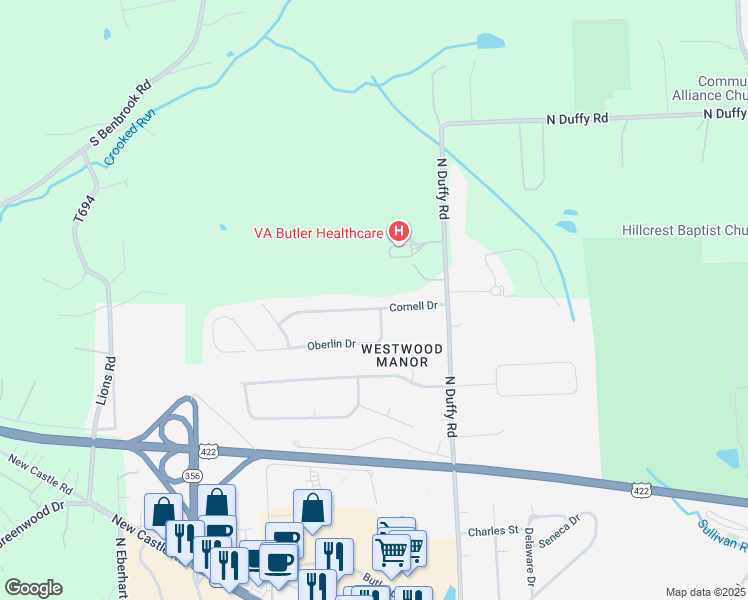 map of restaurants, bars, coffee shops, grocery stores, and more near 116 Cornell Dr in Butler