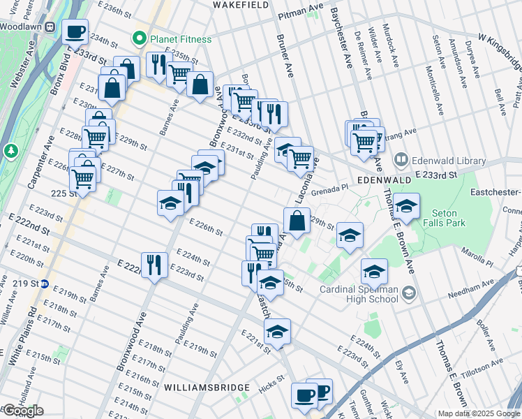map of restaurants, bars, coffee shops, grocery stores, and more near 1023 East 228th Street in The Bronx