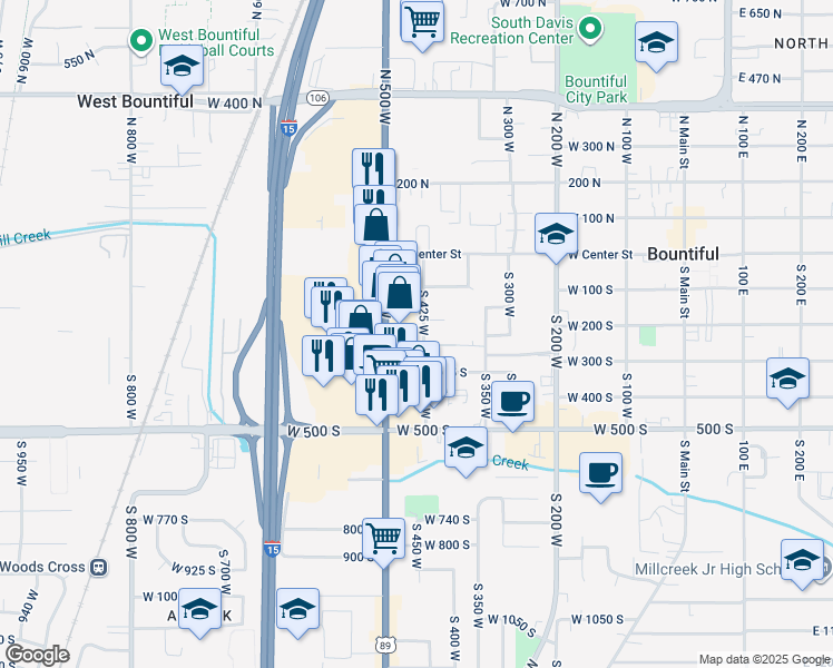 map of restaurants, bars, coffee shops, grocery stores, and more near 246 South 425 West in Bountiful