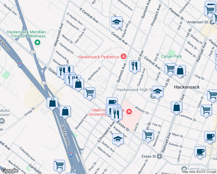 map of restaurants, bars, coffee shops, grocery stores, and more near 60 Cambridge Terrace in Hackensack