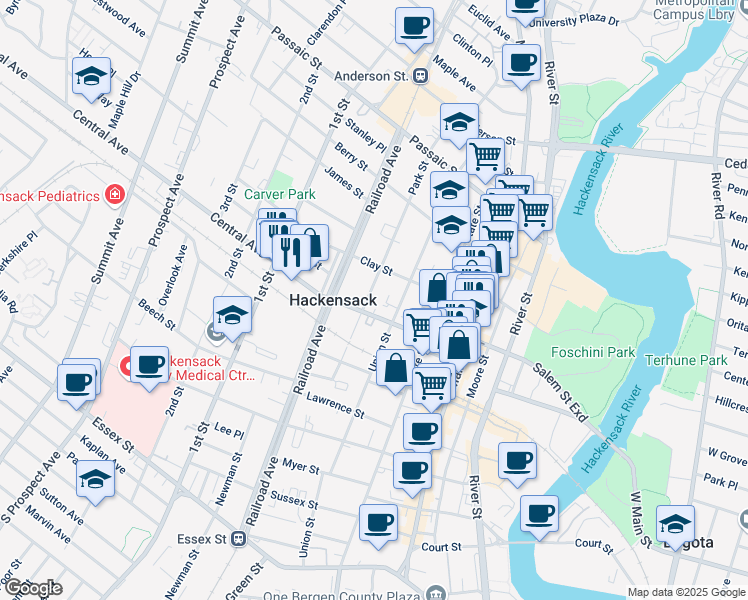 map of restaurants, bars, coffee shops, grocery stores, and more near 260 Park Street in Hackensack