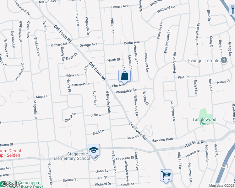 map of restaurants, bars, coffee shops, grocery stores, and more near 22 Woodridge Lane in Coram