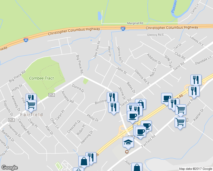 map of restaurants, bars, coffee shops, grocery stores, and more near 1 Francavilla Drive in Fairfield